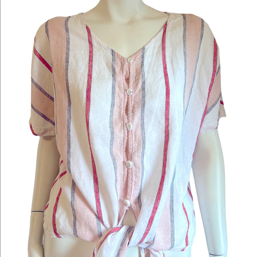 Beach Lunch Lounge Coral Striped Tie Front Button Down Top SZ Small